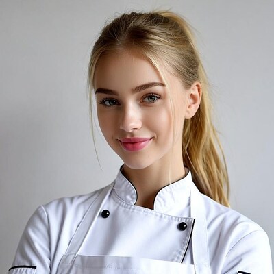Blonde woman in white chef uniform