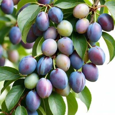 Ripe Plums on Green Leaves