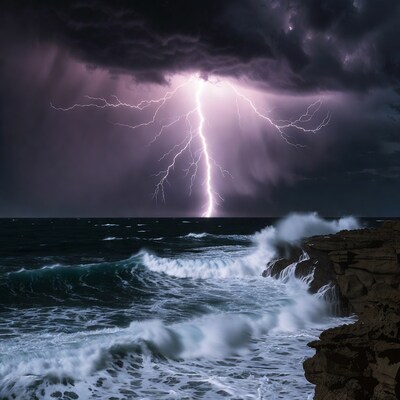 Lightning striking over ocean cliffs
