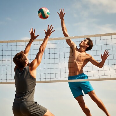 Two men playing beach volleyball