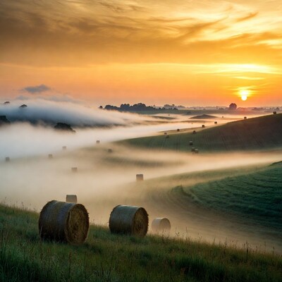 Hay bales in misty sunrise fields