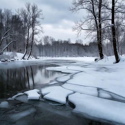 Frozen River with Snowy Trees