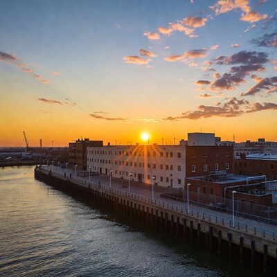 Sunset over industrial harbor pier