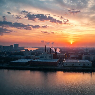 Industrial Cityscape at Sunset over River