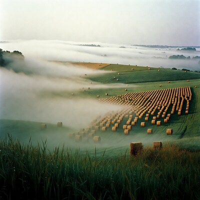 Hay bales in misty green fields