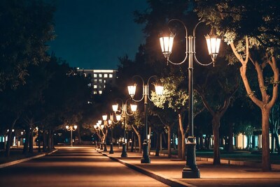 Street Lamps Lining Tree Pathway at Night