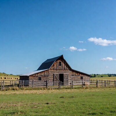 Rustic Wooden Barn in Green Pasture