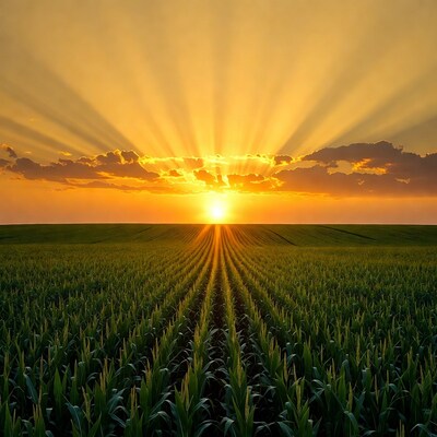 Sunset over Corn Field Rows