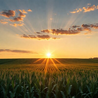 Sunset over cornfield with sun rays