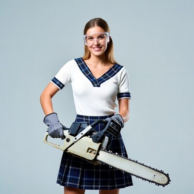 Woman in school uniform holding chainsaw