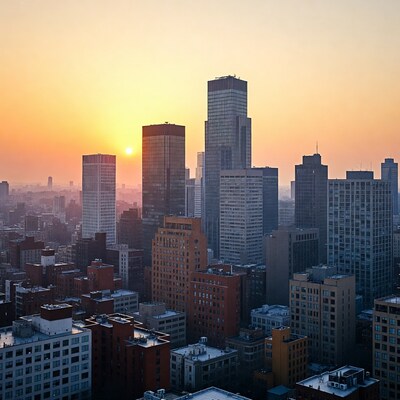 Sunset over city skyline
