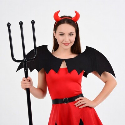 Woman in red devil costume with trident
