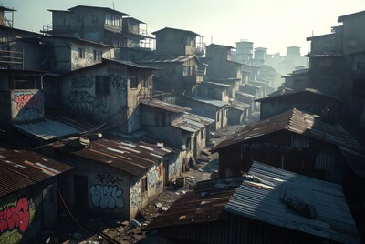 Graffiti-Covered Slum Buildings in Fog