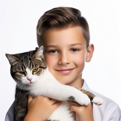 Boy holding tabby cat