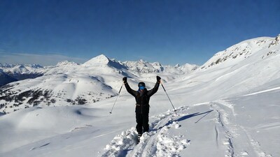 Skier raising arms on snowy mountain