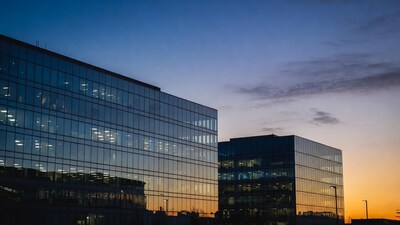 Glass skyscrapers at sunset