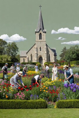 People gardening in front of church