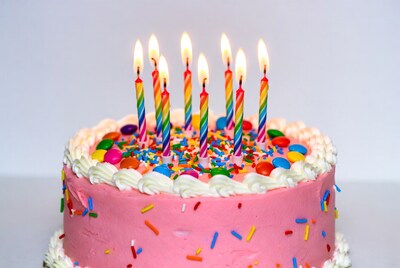 Pink Birthday Cake with Rainbow Candles
