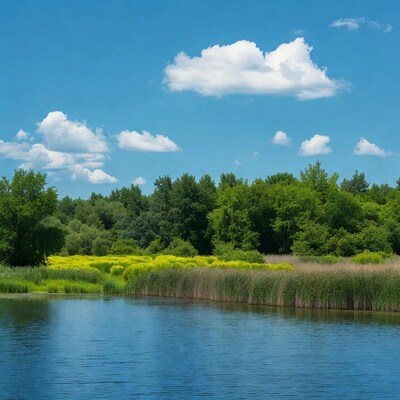 Lake with reeds, yellow flowers, and forest
