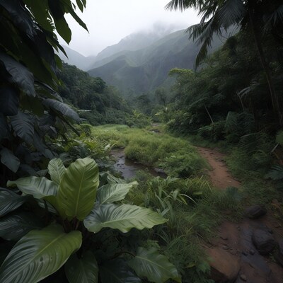 Misty Tropical Valley Trail with Stream