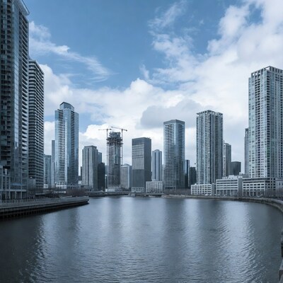 Modern Skyscrapers Along Urban River