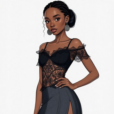 African-American woman in black lace dress