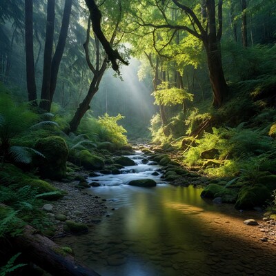 Sunlit Forest Stream with Mossy Rocks