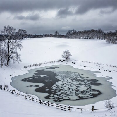 Frozen Pond in Snowy Field