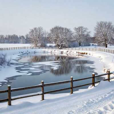 Snowy Pond with Wooden Fence