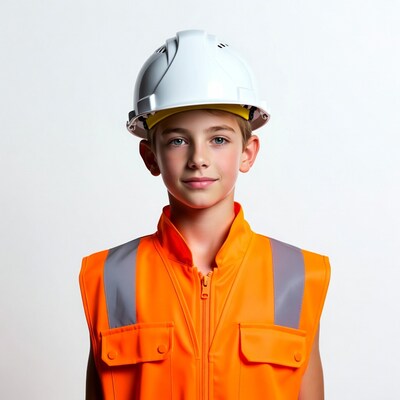 Boy wearing hard hat and vest