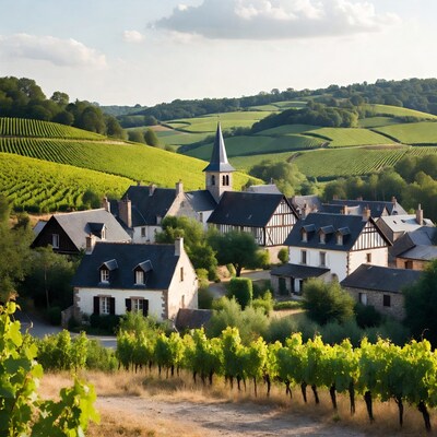 French village with church and vineyards