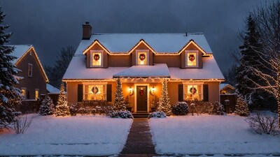 Christmas Lights House in Snow