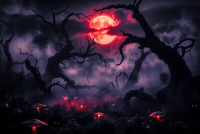 Red Blood Moon Over Glowing Mushrooms Forest