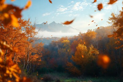 Autumn Forest with Falling Leaves and Mountains