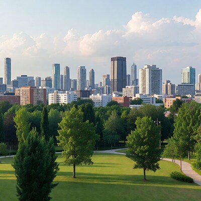 City skyline over green park