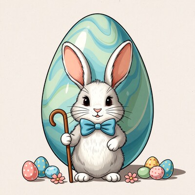 Elderly Bunny with Cane and Easter Egg