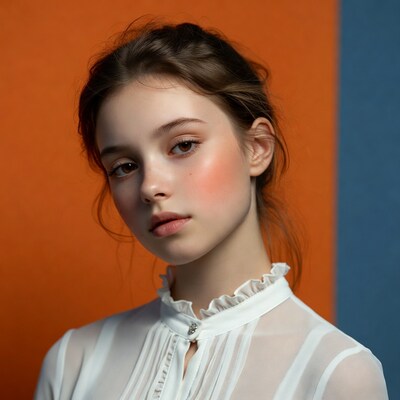 Young woman in white blouse orange background