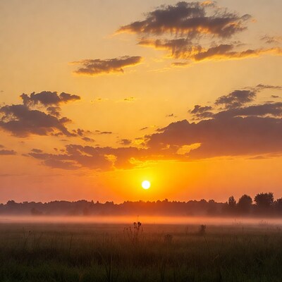 Sunrise over misty grassland