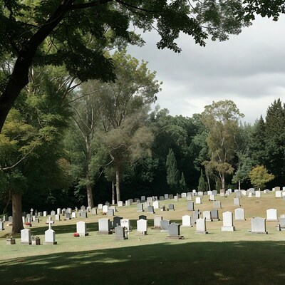 Cemetery with gravestones and trees