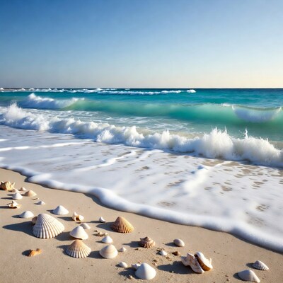 Seashells on beach with waves