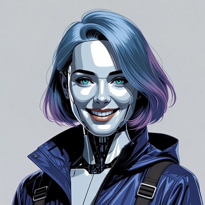 Smiling Cyborg Woman with Blue Hair