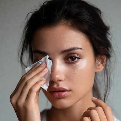 Woman wiping tear with tissue