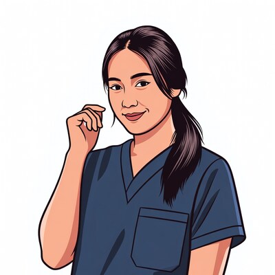 Asian nurse smiling with hand on chin