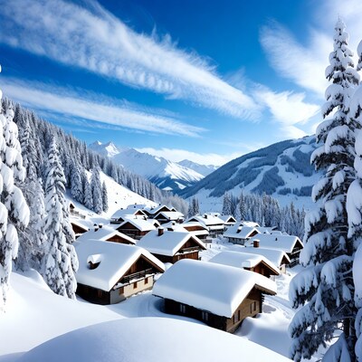 Snowy Alpine Village in Mountains