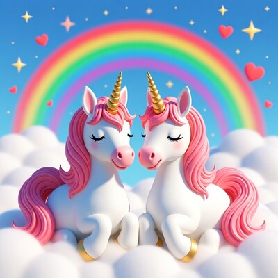 Two Pink-Maned Unicorns on Clouds