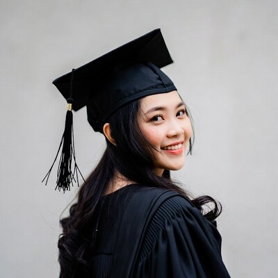 Asian woman in graduation gown smiling