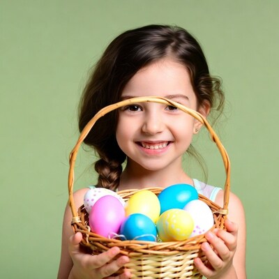 Girl holding Easter basket with eggs