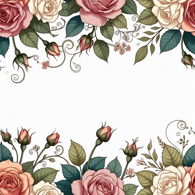 Pink White Roses Floral Border Illustration
