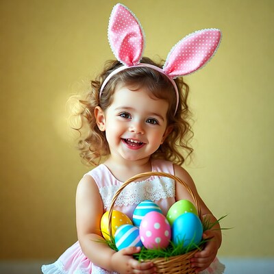 Toddler girl with bunny ears holding Easter basket