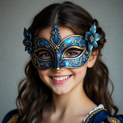 Girl smiling in blue Venetian mask